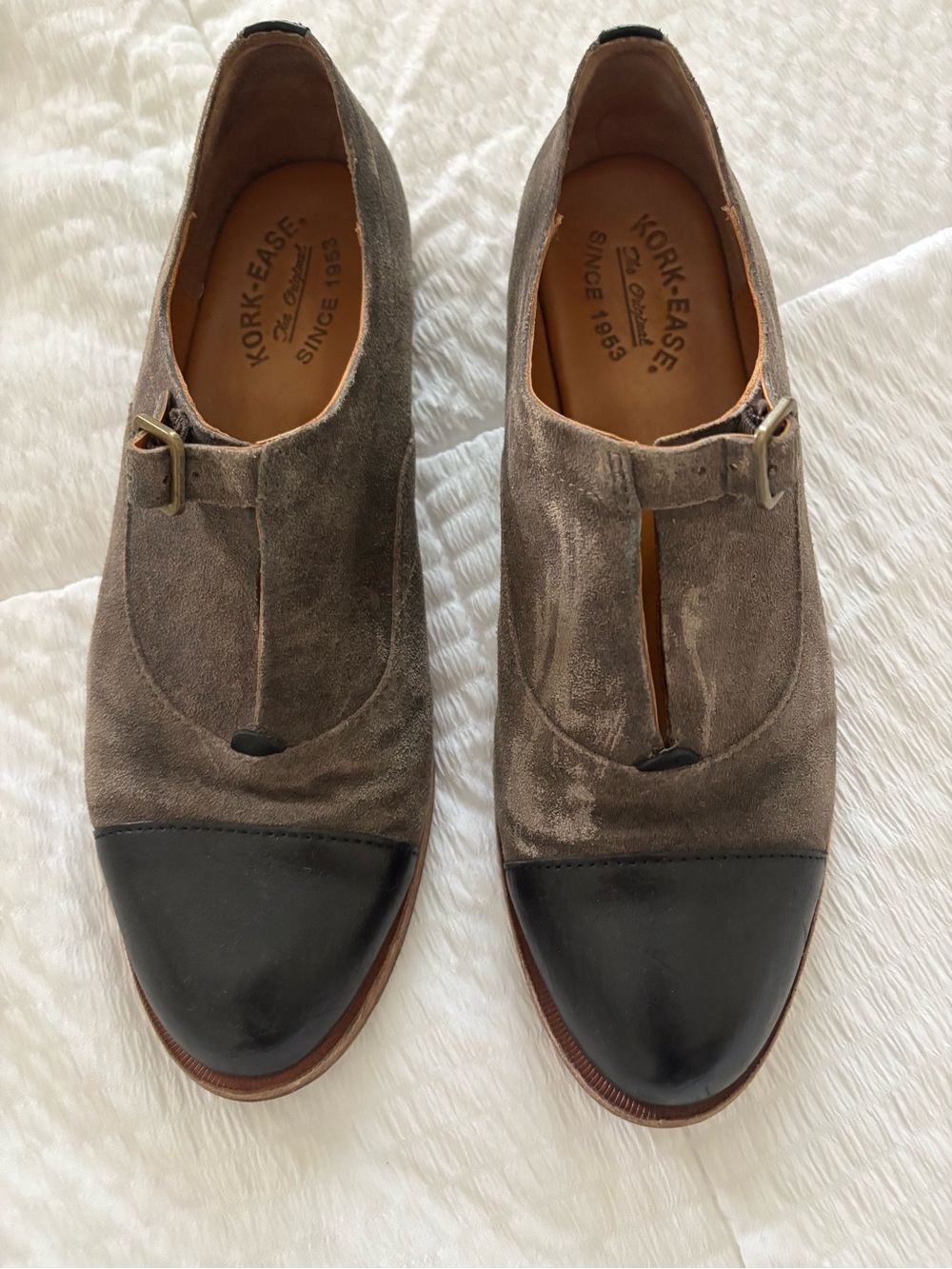 Kork-Ease Men's Taupe Suede with Black Leather Cap Toe Monk-Strap Oxfords 9.5